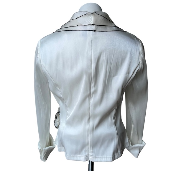 Rare 90s Cachet Shimmery White Faux Wrap Wide Lapel Sheer Sleeve Blouse - Picture 2 of 14